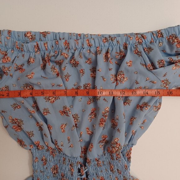 Women's No Comment Blue Floral Daisy Duke Southern Country Off Shoulder Sz Large - Picture 4 of 12